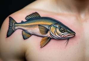 Realistic Catfish Portrait – Hyper-detailed rendering of a channel catfish with olive-green to silvery body, fine whiskers, and natural shading for a lifelike aquatic feel. tattoo idea