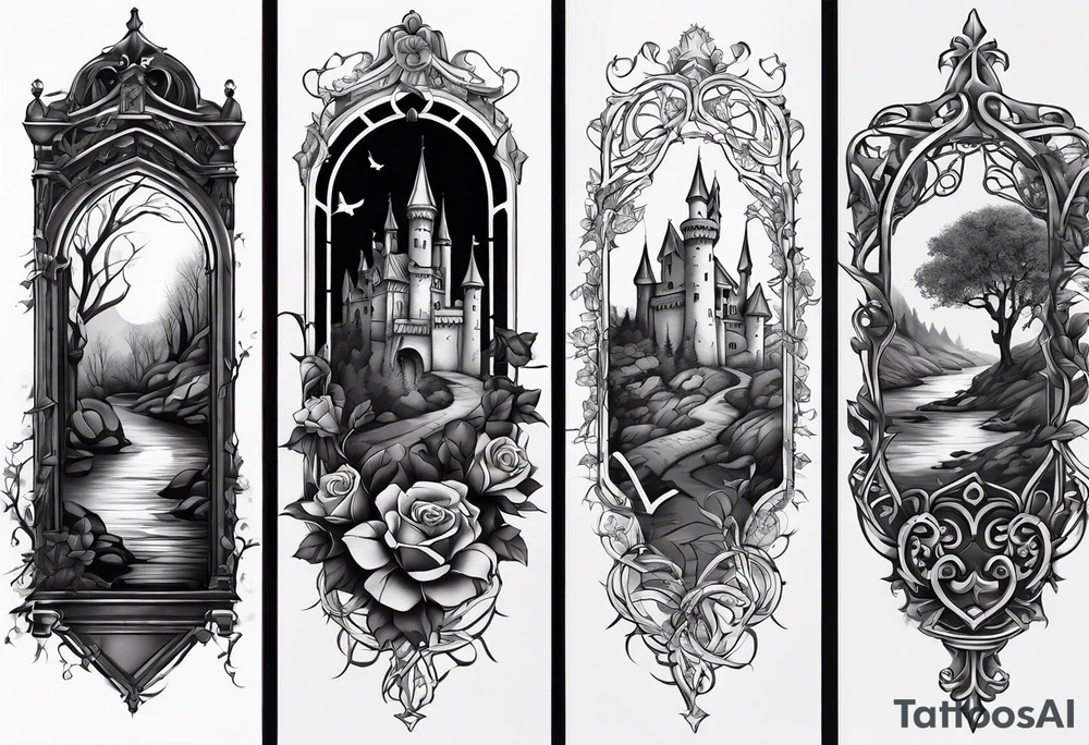 tattoo fool sleeve, old broken gothic castle, broken sword, tree roots break out of the chains, roses tattoo idea