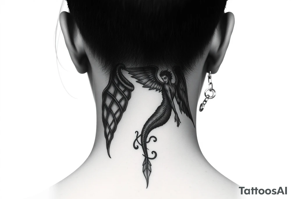 position behind the neck Angel (on the right) whispering in the right ear, demon (on the left) whispering in the left ear. It must be as realistic as possible. tattoo idea