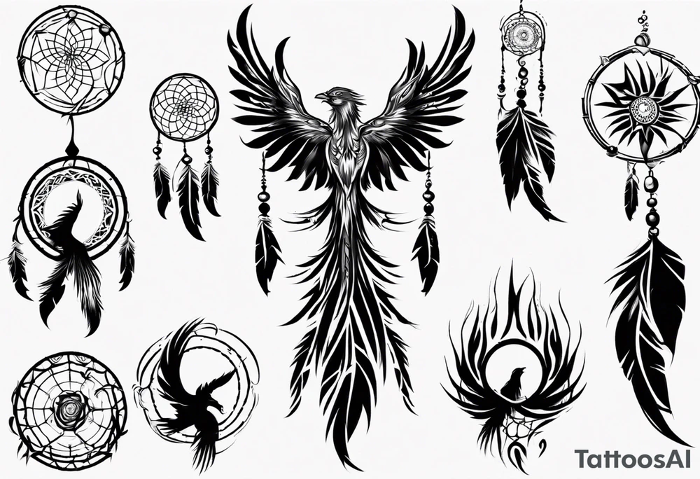 Phoenix flying flaming dream catcher tattoo idea