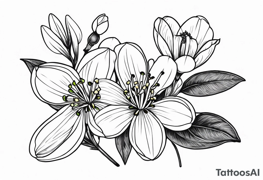 Bouquet with One snowdrop, One hawthorn flower, Two honeysuckle blooms tattoo idea