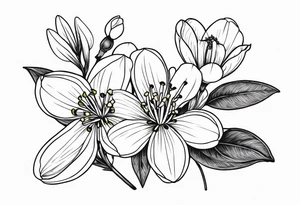 Bouquet with One snowdrop, One hawthorn flower, Two honeysuckle blooms tattoo idea