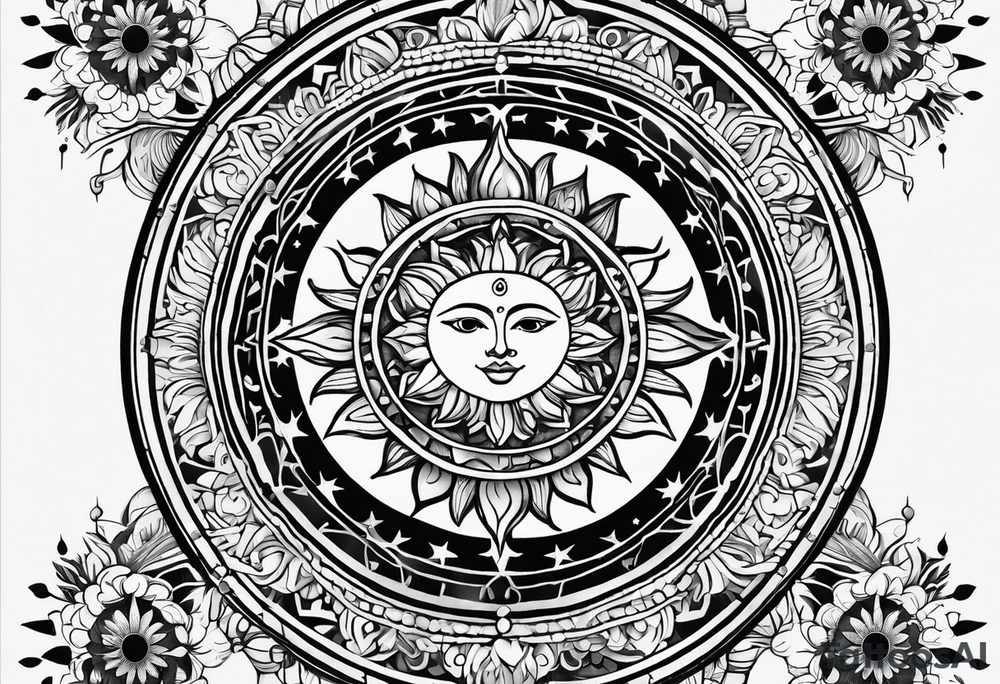 Sun and moon inside a mandala tattoo idea