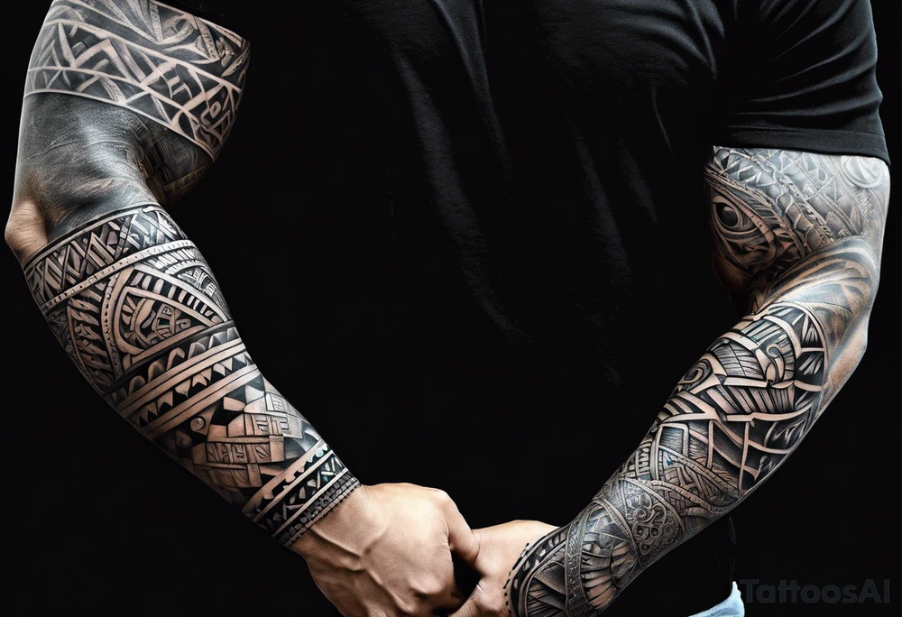 Full Polynesian tribal sleeve with turtle on top on arm tattoo idea