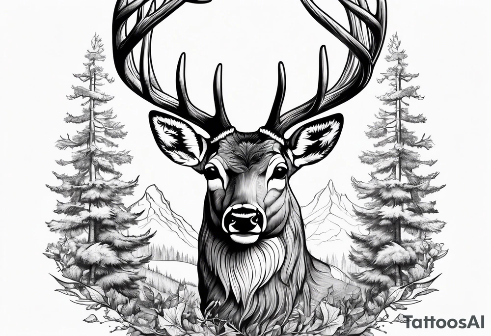 Deer in wood with big rack with deer antler frame tattoo idea