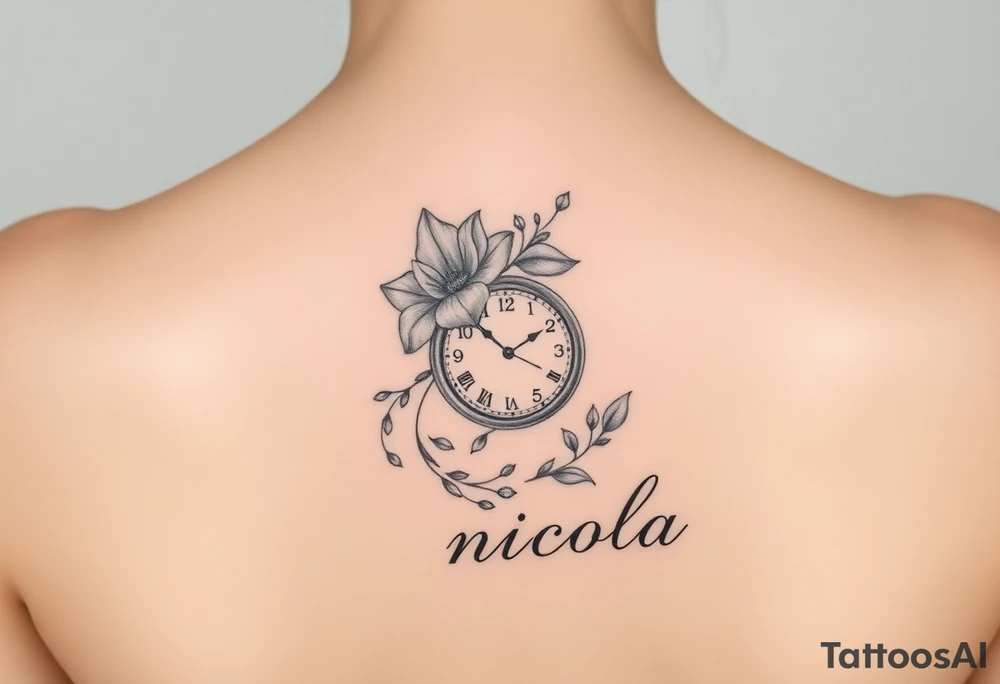 Fine line tattoo with March birth flower, a clock with the time 2pm and name nicola tattoo idea