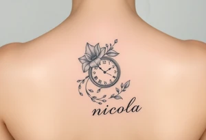 Fine line tattoo with March birth flower, a clock with the time 2pm and name nicola tattoo idea