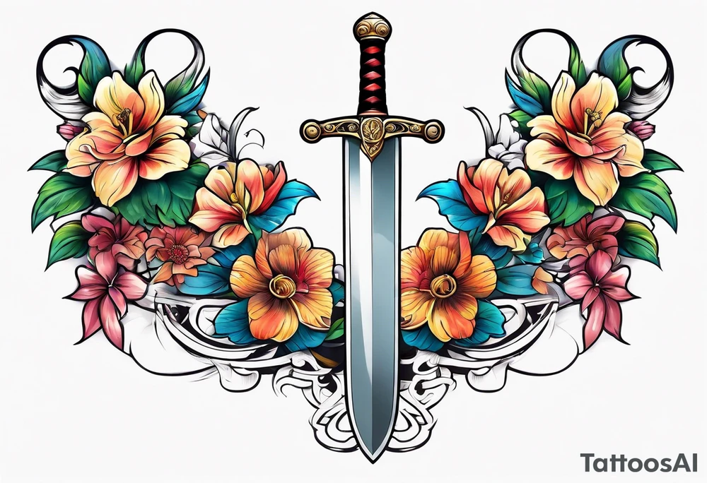 Sword with snake and flowers wrapped around it tattoo idea