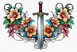 Sword with snake and flowers wrapped around it tattoo idea