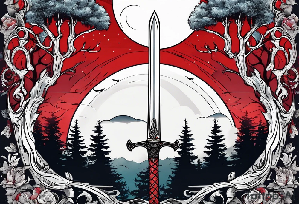 Sword with red moon behind it in the woods tattoo idea