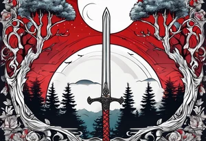 Sword with red moon behind it in the woods tattoo idea