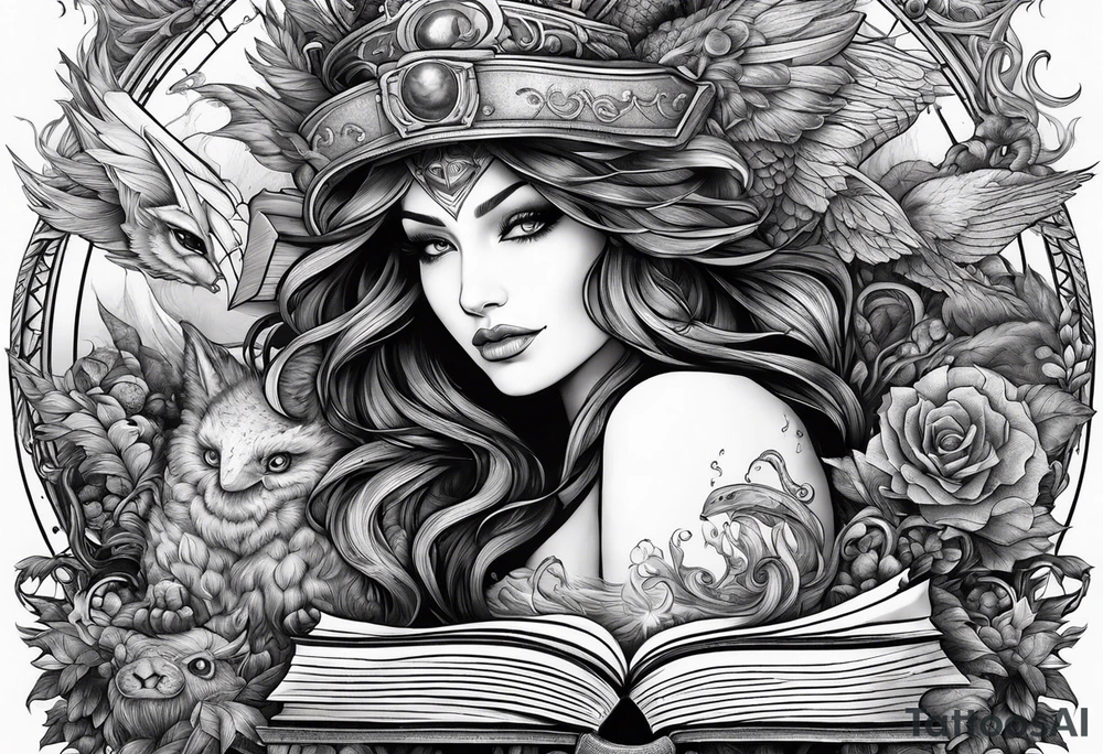 A stack of books surrounded with fantasy creatures tattoo idea