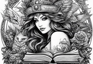 A stack of books surrounded with fantasy creatures tattoo idea