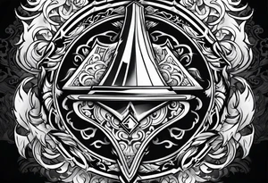 A flaming shield adorned with a mountain and a warhammer tattoo idea