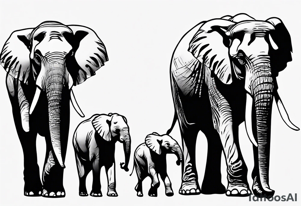 family of 6 elephants walking into sunset tattoo idea