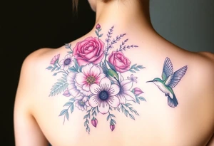Bouquet of flowers With A carnation, Aster, rose, Lily, two Larkspur,  narciussus, And two hummingbirds tattoo idea