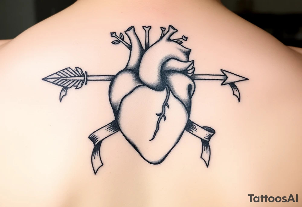 anatomical heart pierced by ornate arrow with flowing ribbons tattoo idea