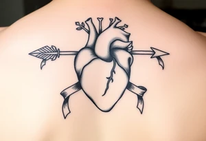 anatomical heart pierced by ornate arrow with flowing ribbons tattoo idea