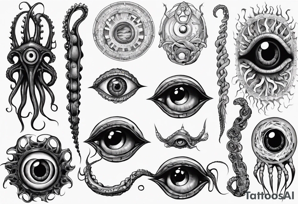 lovecraft themed eye on hand , tentacle on forearm tattoo idea