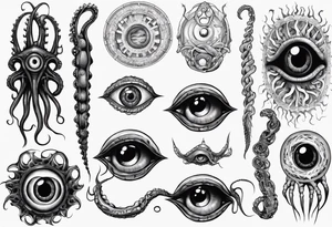 lovecraft themed eye on hand , tentacle on forearm tattoo idea