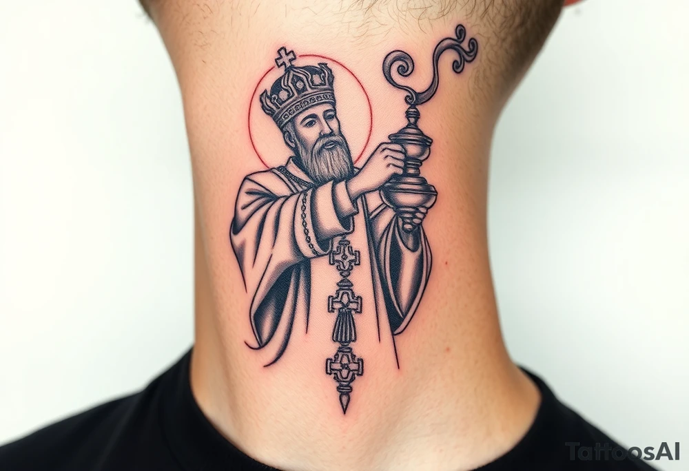 Russian Orthodox Priest in a fully detailed gold vestment swinging a censer with smoke curling upward tattoo idea