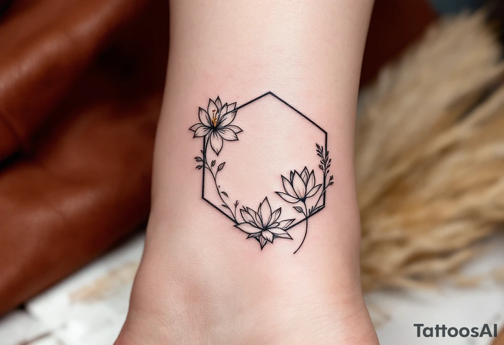 Leo sign, larkspur and water lily surrounded by a hexagon tattoo idea