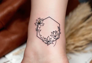 Leo sign, larkspur and water lily surrounded by a hexagon tattoo idea