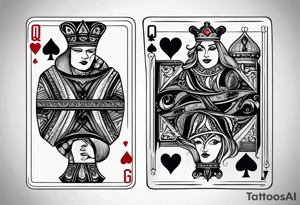 one playing card with both queen of hearts and king of spades incorporated in extreme minimalistic style tattoo idea