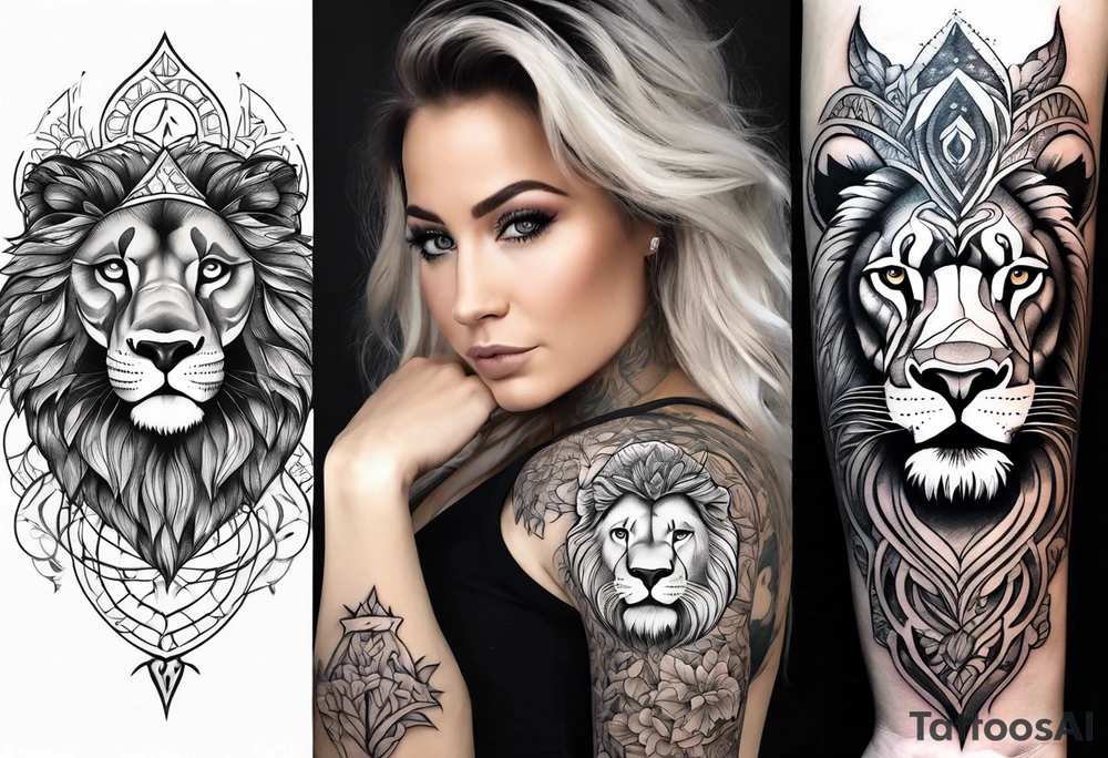 Wiccan Tree of life arm tattoo into woman and a fierce lion tattoo idea