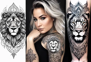 Wiccan Tree of life arm tattoo into woman and a fierce lion tattoo idea