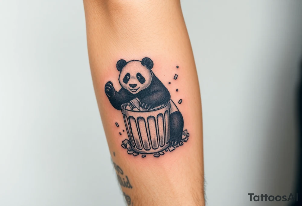 Panda ripping through a trash can, surrounded by rubbish tattoo idea