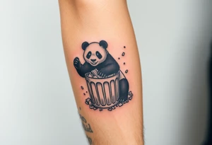 Panda ripping through a trash can, surrounded by rubbish tattoo idea