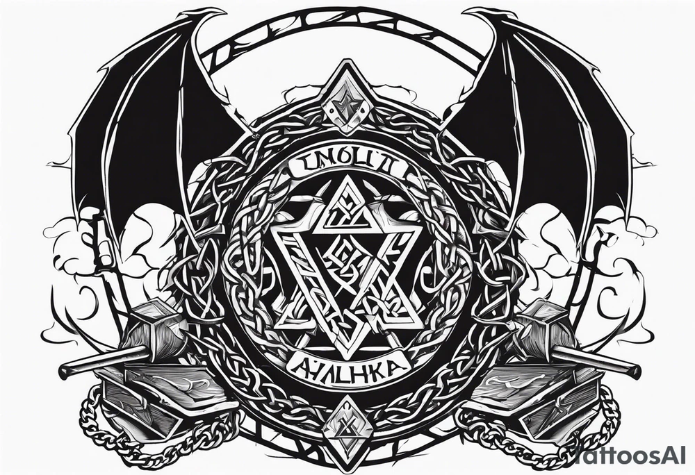 Valhalla sword shield dragon axe Valknut barbed wire chains tattoo idea Valhalla sword shield dragon axe Valknut barbed wire chains tattoo idea