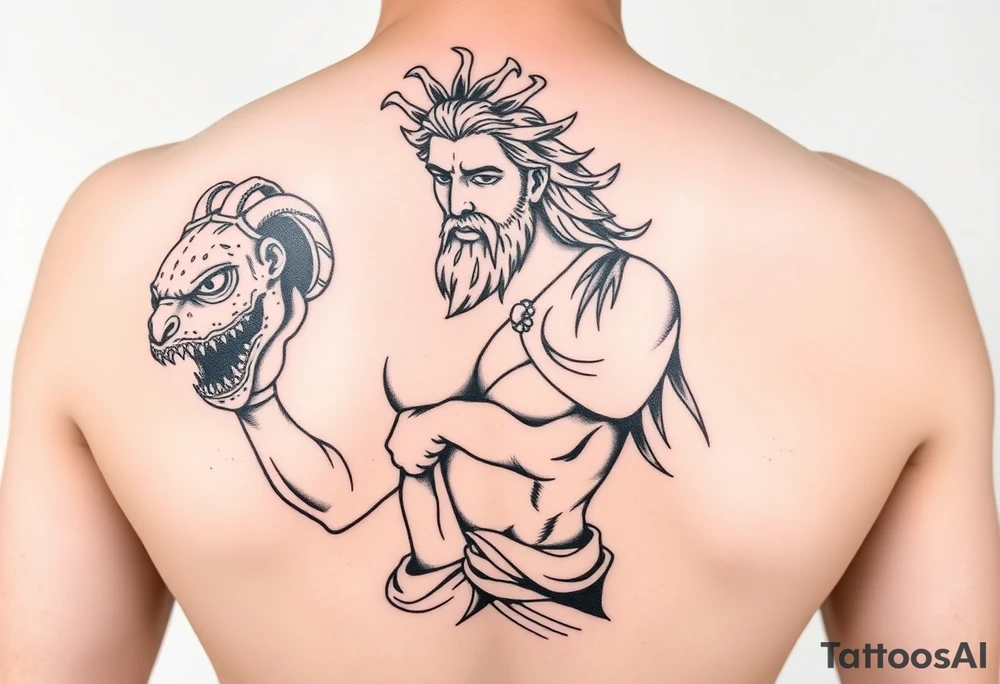 Perseus the Greek hero, holding Medusa’s severed head in victory, black and white and a part of a leg sleeve tattoo idea