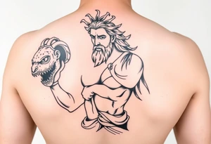 Perseus the Greek hero, holding Medusa’s severed head in victory, black and white and a part of a leg sleeve tattoo idea