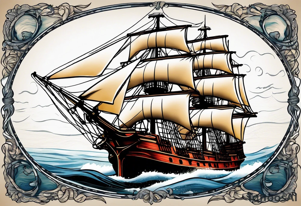 sailing ship in rough seas, front porfile, in oval with rope border, super imposed over crossed cannons, banner at bottom that says US Navy tattoo idea