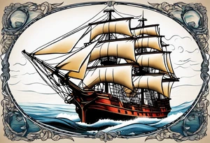 sailing ship in rough seas, front porfile, in oval with rope border, super imposed over crossed cannons, banner at bottom that says US Navy tattoo idea