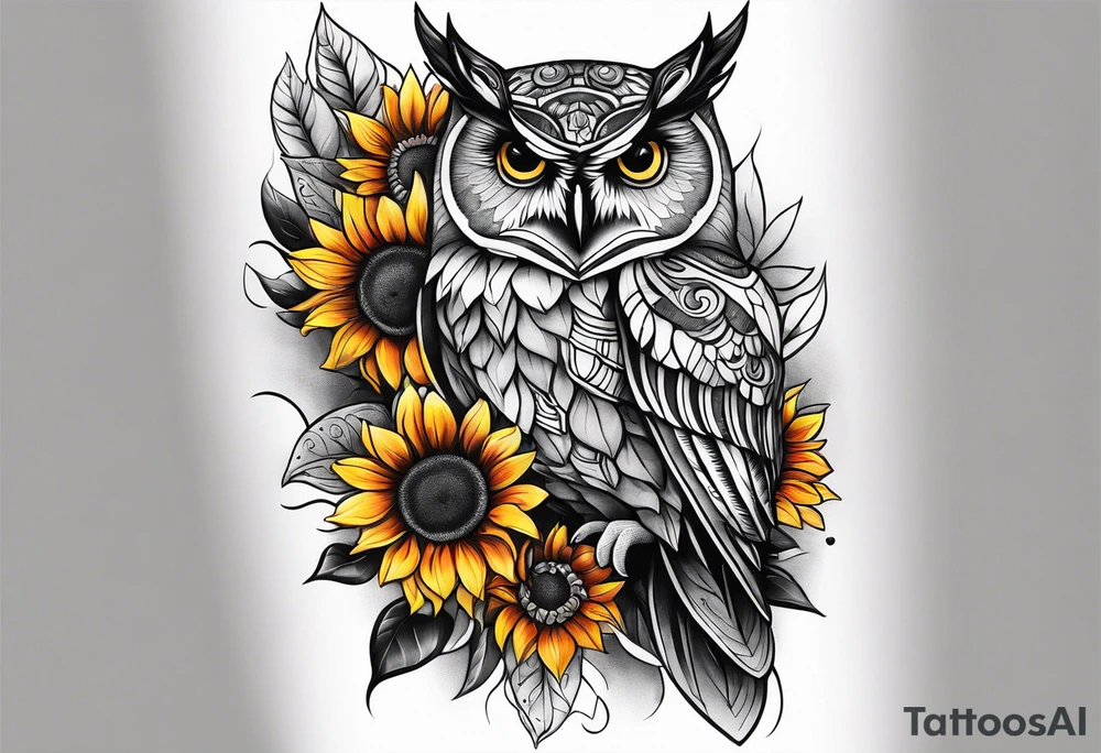 Leg sleeve with colorful sunflowers and an owl tattoo idea