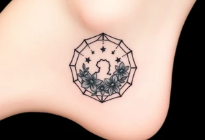 Hexagon with a constellation sign for Leo,  larkspur and water lilies in the center tattoo idea