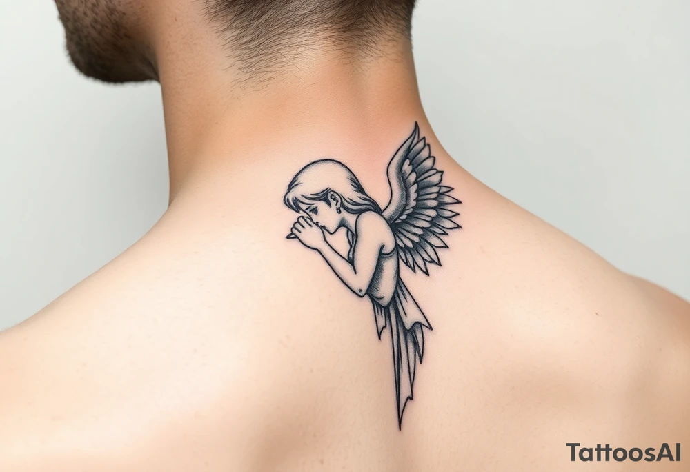 A neck tattoo that shows an angel whispering into ear tattoo idea
