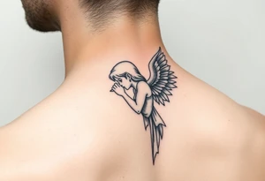 A neck tattoo that shows an angel whispering into ear tattoo idea