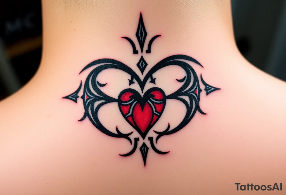 A bold tribal-style infinity symbol with sharp geometric patterns and heart, in black ink with subtle red accents tattoo idea