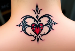 A bold tribal-style infinity symbol with sharp geometric patterns and heart, in black ink with subtle red accents tattoo idea
