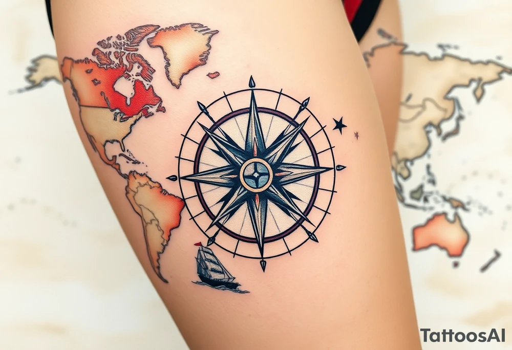 antique compass rose overlaid on weathered world map with sailing ships tattoo idea