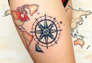 antique compass rose overlaid on weathered world map with sailing ships tattoo idea