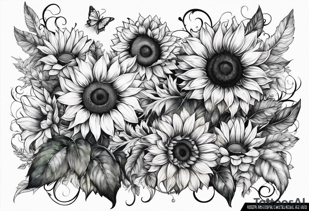 Sunflowers and angel wings leg sleeve tattoo idea