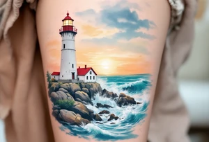 A tall, weathered white lighthouse with a bright red roof and railing, standing boldly on a rocky cliff surrounded by crashing teal-blue waves and glowing under a golden-orange sunset sky. tattoo idea