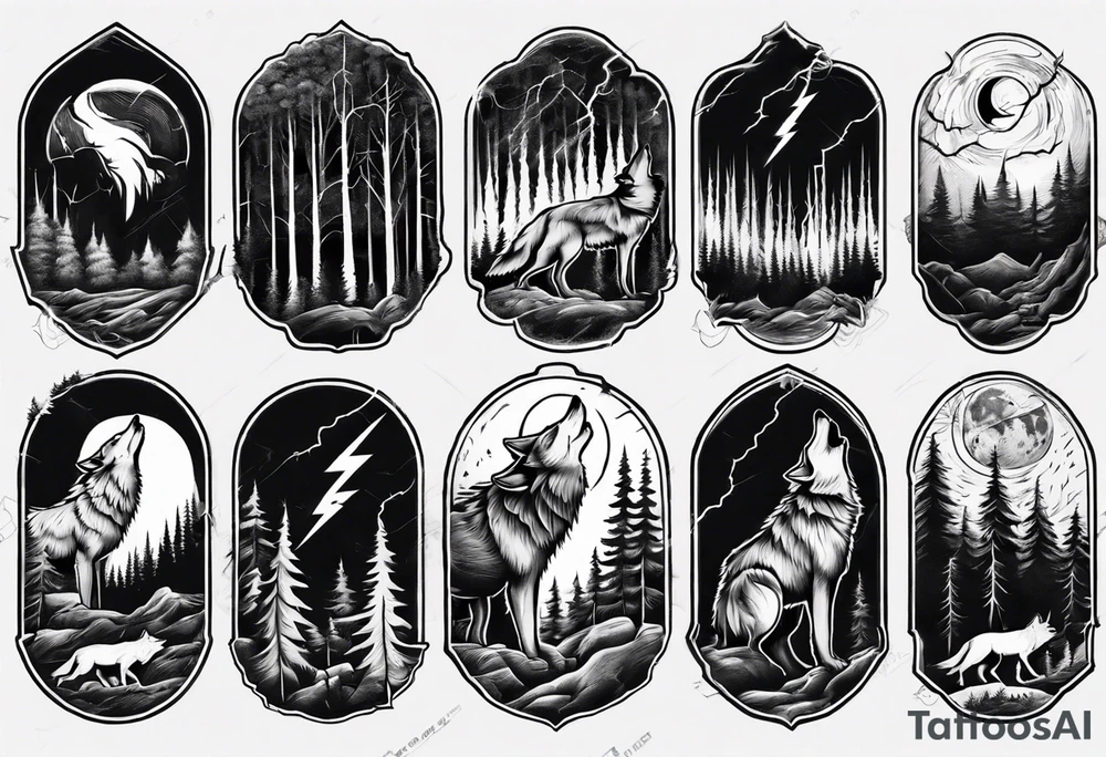 lightning over forest with wolf howling tattoo idea