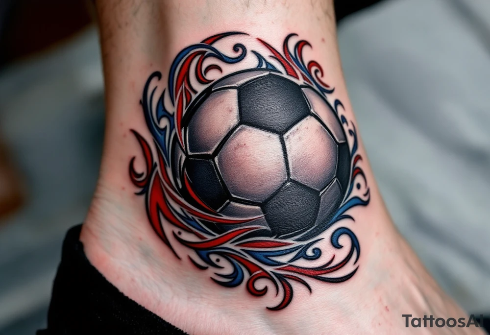 A tribal black soccer ball with intricate red and blue swirls around it. tattoo idea