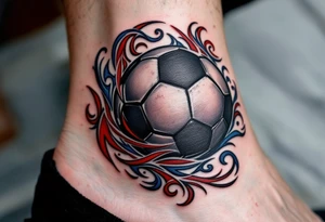 A tribal black soccer ball with intricate red and blue swirls around it. tattoo idea